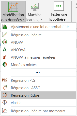 Menu XLSTAT pour la régression Ridge